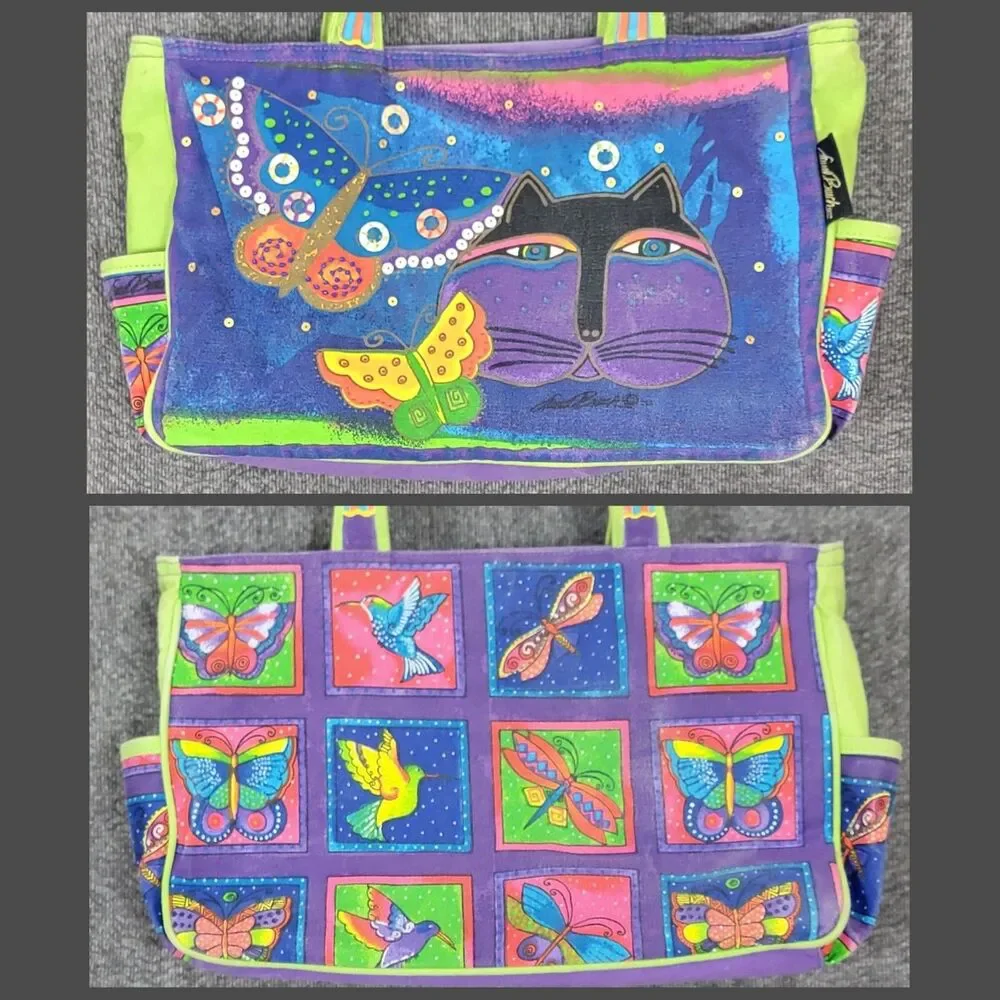 Laurel Burch Bag Multicolor Cat Butterflies Birds Double Handle Canvas Tote